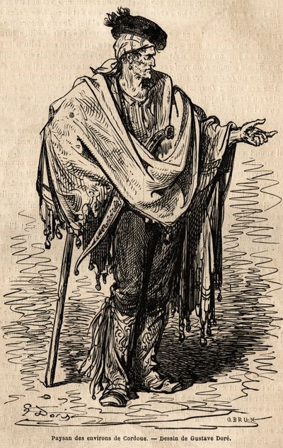 Een boer uit de regio Cordoba. Schets naar het leven genomen door Gustave Doré (1832-1883). Gravure ter illustratie van de reis in Spanje, in 1862 door Charles Davillier en Gustave Doré, in 