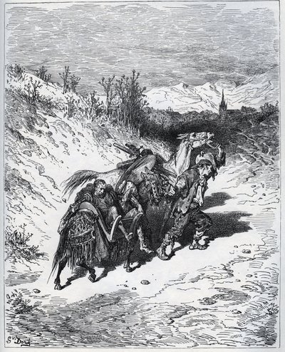 Een ploeger brengt Don Quichot en Rossinante terug naar het dorp - uit "Don Quichot van La Mancha" van Miguel Cervantes door Gustave Dore