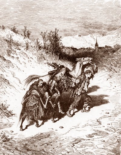 Een ploeger uit zijn eigen dorp brengt Quichot naar huis Gravure door Gustave Doré voor 