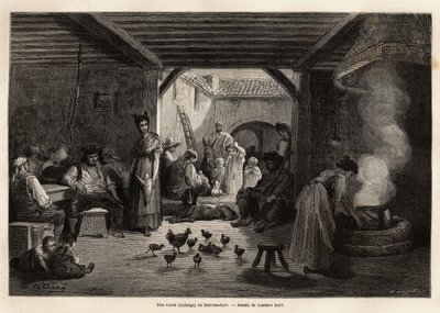 Een herberg in Estremadure, die arbeiders en reizigers verwelkomt evenals verschillende huisdieren of niet, je kunt drinken uit de gemeenschappelijke kruik die aan de balken hangt of individueel en je kunt ook een soep eten die altijd op het vuur staat. Gr door Gustave Dore