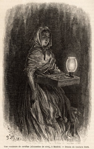 Een verkoopster van waslucifers, schets naar het leven in de Puerta del Sol, in Madrid. Gravure door Gustave Dore (1832-1883) ter illustratie van zijn reis naar Spanje, met Ch. Davillier (redacteur), in 1862, gepubliceerd in 