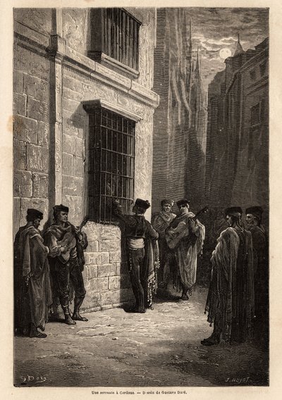 Een serenade in het maanlicht, in de straten van Cordoba, de minnaar, gitaar in de hand, spreekt zachtjes tegen zijn verloofde door een tralieraam, reciteert gedichten of zingt een lied voor haar. Tekening door Gustave Dore (1832-1883). Gravure ter illustr door Gustave Dore