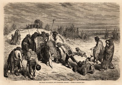 Een groep bedelaars en zieken, een ware hof van wonderen, op weg naar een diligence om aalmoezen te vragen door Gustave Dore