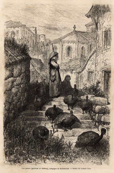Een kalkoenenhoeder, in de straten van een dorp op het platteland van Salamanca. Tekening door Gustave Doré (1832-1883). Gravure ter illustratie van de reis in Spanje, door Charles Davillier, in 1862, gepubliceerd in 