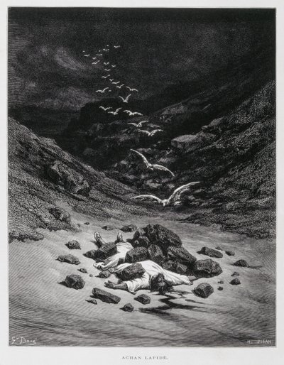 Achan wordt gestenigd (Joz. 7:1,10-26), Illustratie uit de Dore Bijbel door Gustave Dore