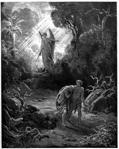 Adam en Eva worden uit het paradijs verdreven - Illustratie door Gustave Doré voor de Bijbel door Gustave Dore