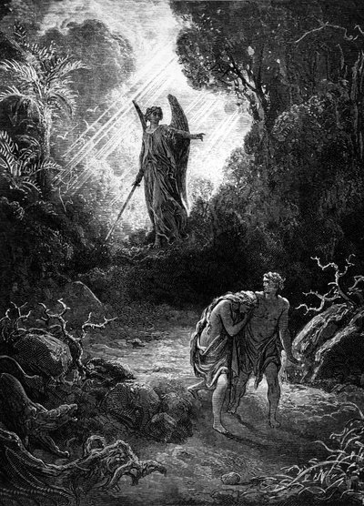 Adam en Eva worden uit het Paradijs verdreven. Gravure door Gustave Doré. Mame Editie 1891 door Gustave Dore