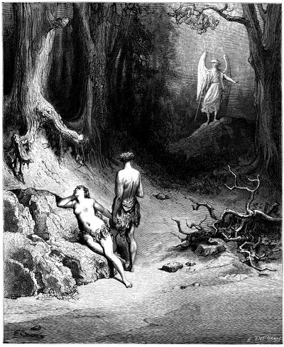 Adam en Eva worden uit het Paradijs verdreven. Illustratie door Gustave Dore voor “Paradise Lost” door John Milton (1608-1674). Gravure uit 1866. Privécollectie door Gustave Dore