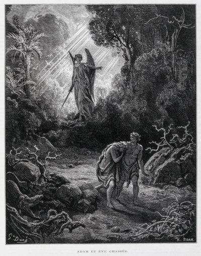 Adam en Eva verdreven uit de Hof van Eden door een engel, Illustratie uit de Dore Bijbel door Gustave Dore