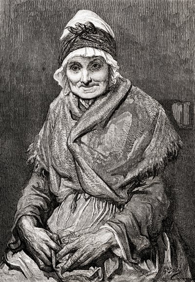 Naar een tekening gemaakt in 1880 door Gustave Dore van zijn verpleegster Francoise. Uit Leven en Herinneringen van Gustave Dore, gepubliceerd 1885. door Gustave Dore