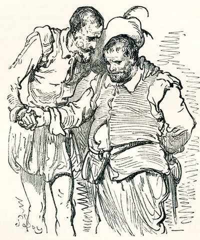 Na een originele tekening van Gustave Dore van Don Quichot en Sancho Panza uit Leven en Herinneringen van Gustave Dore, gepubliceerd 1885 door Gustave Dore