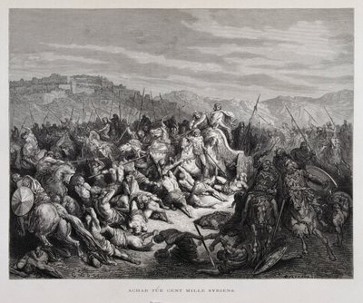 Achab vecht tegen de Assyriërs in de Slag bij Qarqar, Illustratie uit de Dore Bijbel door Gustave Dore