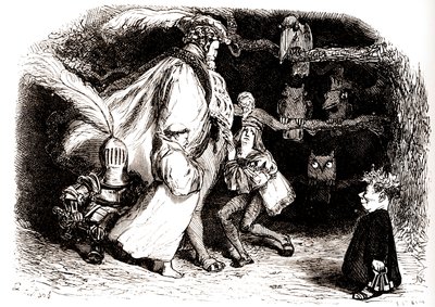 Albian Camar, meester Aeditue van het Eiland Sonnante en zijn vogels - illustratie door Gustave Dore voor volledige werken van Francois Rabelais - Vijfde Boek van Pantagruel door Gustave Dore