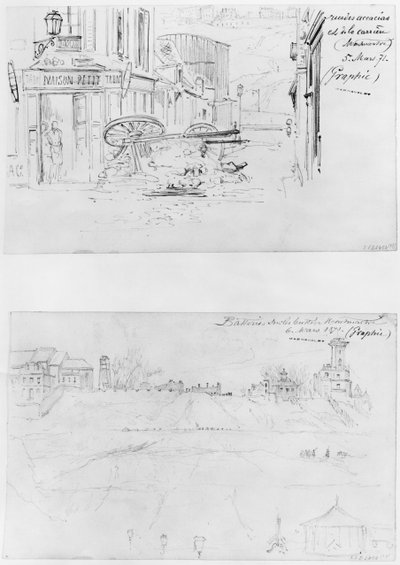 Album van het Beleg van Parijs, Rue des Accacias en rue de la Carriere 5 maart 1871, batterijen op de Buttes Montmartre 6 maart 1871 door Gustave Dore