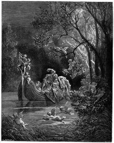 Alcina en Ruggiero als gelukkige geliefden aan het vissen door Gustave Dore