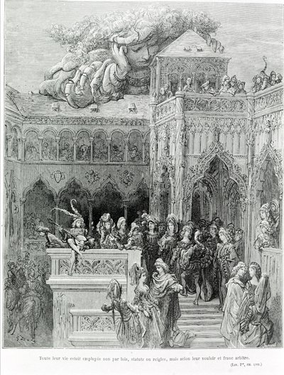 Hun hele leven werd niet geleid door wetten, statuten of regels, maar volgens hun wil en vrije wil, naar Gargantua (1534) door François Rabelais (1483 - 1553). Gegraveerd door Gustave Doré (1832-1883). door Gustave Dore