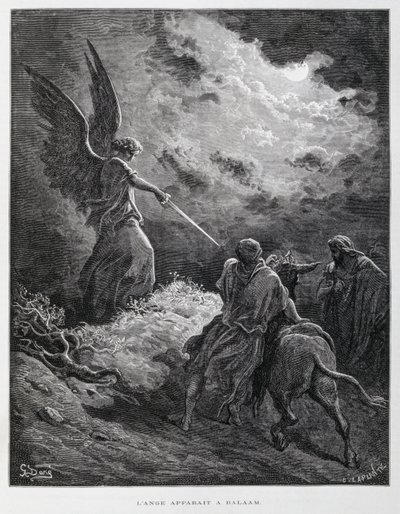 Een engel ontmoette Bileam met een zwaard, Illustratie uit de Dore Bijbel door Gustave Dore