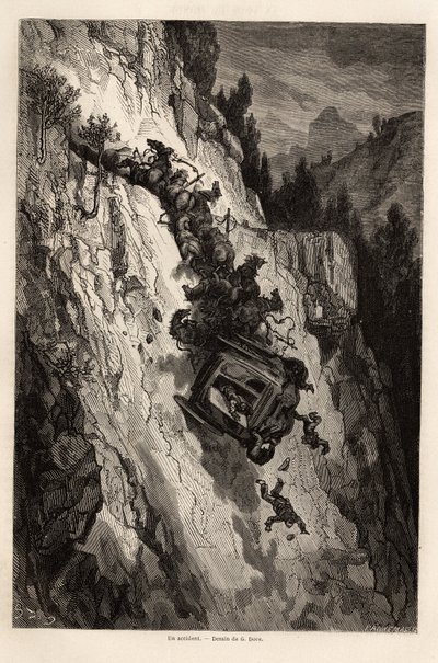 Een ongeluk met een diligence. Illustratie van Gustave Dore