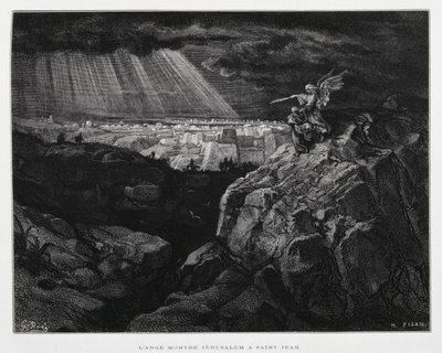 Een engel met Johannes de Doper voor Jeruzalem, Illustratie uit de Dore Bijbel door Gustave Dore