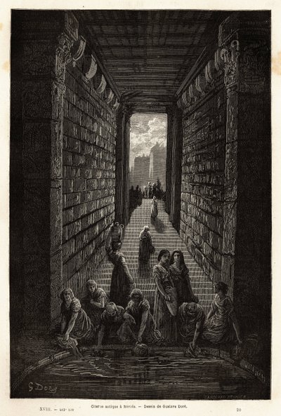 Een antieke waterbak, nog steeds in gebruik, in Merida. Gravure ter illustratie van de reis naar Spanje door Gustave Dore (1832-1883) illustrator en Baron Ch. Davillier reactor, in 1862, gepubliceerd in 