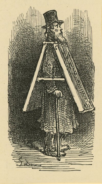 Een illustratie die een sandwichman afbeeldt door Gustave Dore