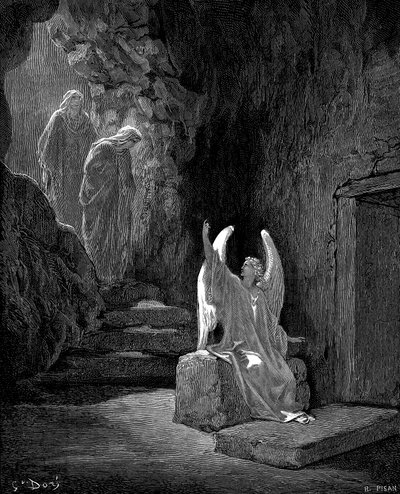 Engel toont Maria Magdalena en de andere Maria het lege graf van Christus door Gustave Dore