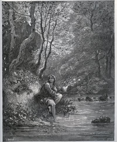 Verschijning van Dorothee in boerenkleding - uit "Don Quichot de la Mancha" door Miguel Cervantes (1547-1616) - Houtsnede naar tekening van Gustave Dore door Gustave Dore