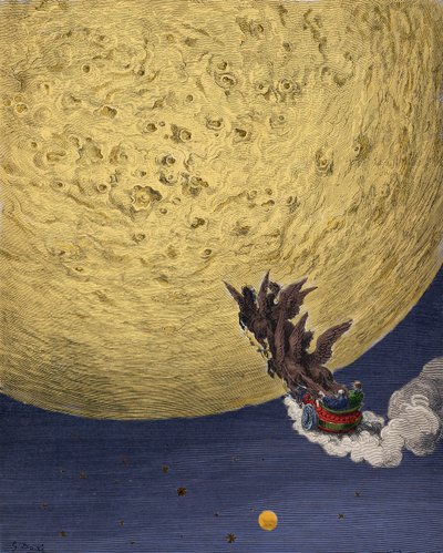Astolph op de wagen van Elias vertrekt naar de maan voor Rolands reden door Gustave Dore