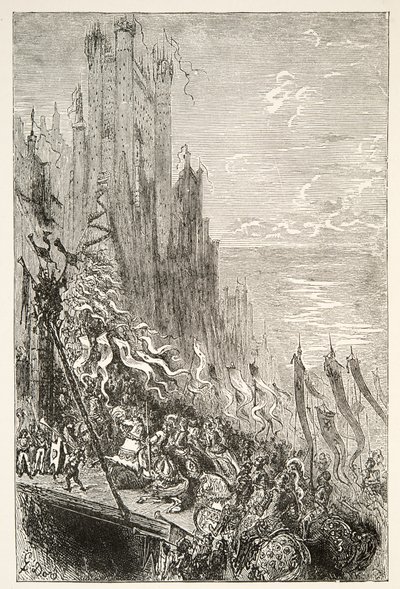In de Stad van de Gravin van de Fontein, uit Verhalen van de Dagen van Koning Arthur door Charles Henry Hanson, pub.1898 door Gustave Dore
