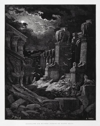 Babylon in puin (visioen van Johannes de Doper), Illustratie uit de Dore Bijbel door Gustave Dore
