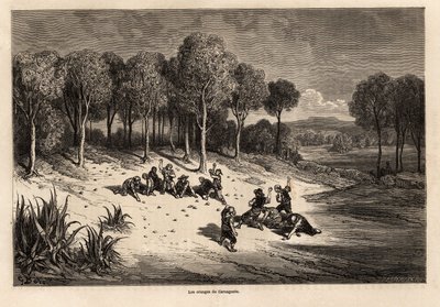 Slag van de sinaasappels door Carcagente, tekening door Gustave Dore, ter illustratie van zijn reis naar Spanje met C.Davillier, in 1862. Gravure in 