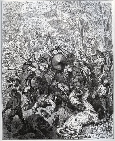 Gevecht met muilezeldrijvers - De Yangois gebruikten hun knuppels - uit "Don Quichot de la Mancha" door Miguel Cervantes (1547-1616) - Houtsnede naar tekening van Gustave Dore door Gustave Dore