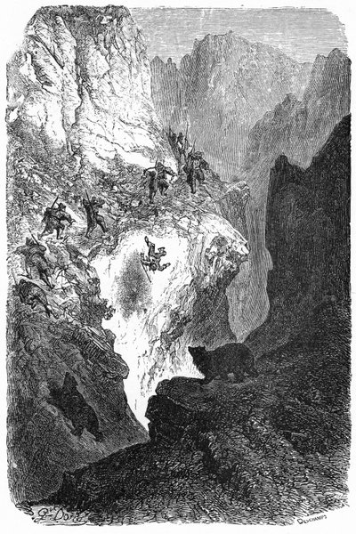 Berenjacht in de Pyreneeën: een man valt van de berg. Gegraveerd door Gustave Doré ter illustratie van het boek 