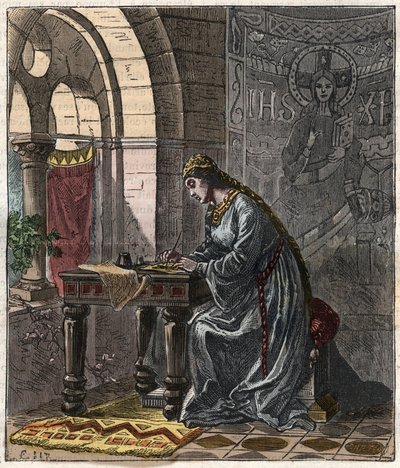 Bertrade van Montfort (1070-1117) Koningin van Frankrijk (vrouw van Filips I Koning van Frankrijk) in Fontevrault - Gravure door Gustave Doré uit de 19e eeuw in 
