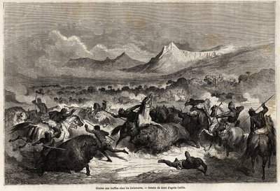 Buffeljacht onder de Delawares, Indianen die aan de oevers van de gelijknamige rivier wonen. Illustratie van de reis van de Mississippi naar de Stille Oceaan in 1853-54 door Baudouin Mollhausen. Gravure door Gustave Dore