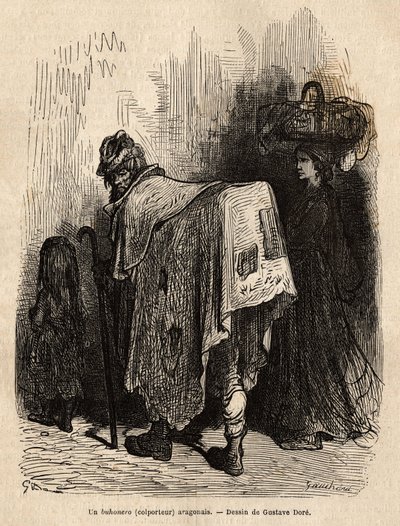 Buhonero, Aragonese marskramer. Tekening door Gustave Doré (1832-1883). Gravure ter illustratie van de reis in Spanje, door Charles Davillier, in 1862, gepubliceerd in 