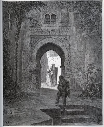 Gevangenisverhaal. Eerste ontmoeting van de gevangene met Zoraide in de tuin van de vader, die haar terugbrengt na zijn flauwte - uit "Don Quichot van La Mancha" van Miguel Cervantes door Gustave Dore