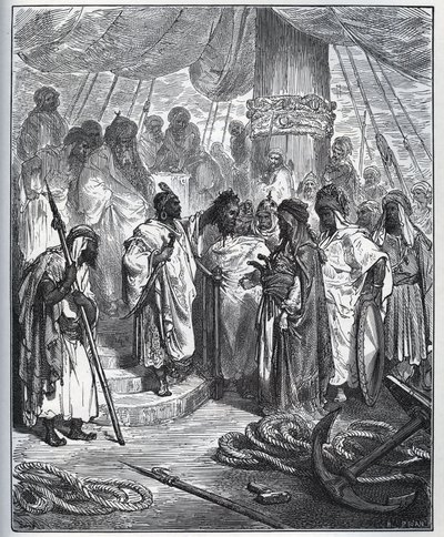 Verhaal van de gevangene. Het hoofd van Pagano Doria afgesneden door de Arabieren - De Arabieren sneden zijn hoofd af en brachten het naar de generaal van de Turkse vloot - uit "Don Quichot de la Mancha" door Miguel Cervantes (1547-1616) - Houtsnede naar t door Gustave Dore