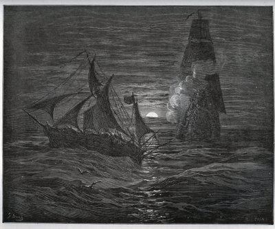 Gevangen verhaal. De Spaanse ontsnappingsboot wordt aangevallen door een Frans schip uit 