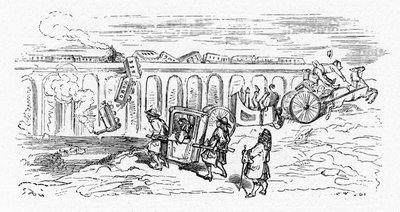 Cartoon van “moderne” transport door Gustave Dore rond 1850: 2 treinen botsen op elkaar en een passagierstrein ontspoort en valt van de top van een brug; een koets wordt in 2 gesplitst en kantelt nadat het paard dat het trok is opgejaagd; alleen de rolstoe door Gustave Dore