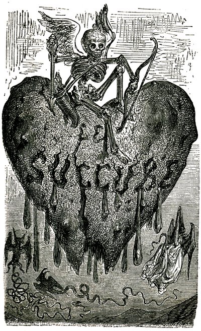 Hoofdstukillustratie door Gustave Doré voor de Drolatic Tales (1855) door Honoré de Balzac (1799-1850): de succubus (vampier) - skelet, dood, hart, bloed door Gustave Dore
