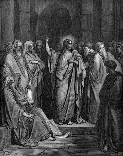 Christus in de synagoge door Gustave Dore