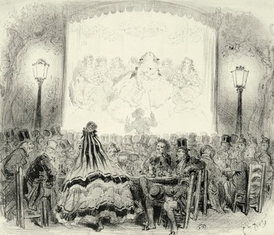 Koffieconcertzaal in Frankrijk, ca. 1865, gravure door Gustave Dore