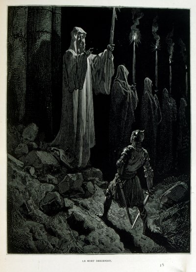Croque-Mitaine; illustratie uit 1863, door Gustave Doré (1832-1883); Franse kunstenaar, graveur, illustrator. Croque-Mitaine (De boeman) een kwaadaardig personage gepresenteerd aan kinderen om hen bang te maken en zo wijzer te maken. door Gustave Dore