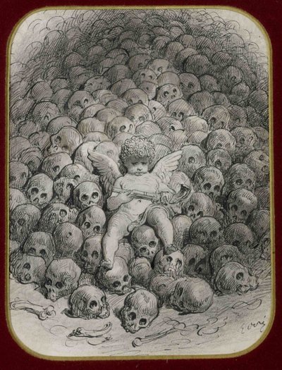 Cupido met een pistool op een berg schedels door Gustave Dore