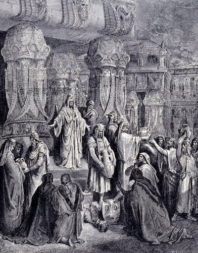 Cyrus II de Grote (580 v.Chr. - 530 v.Chr.) bevrijdde de gevangengenomen volkeren bij zijn aankomst in Babylon in 539 v.Chr. en gaf de Joodse mensen de heilige vaten terug die als buit waren meegenomen uit de tempel van Jeruzalem. Gravure door Gustave Doré door Gustave Dore