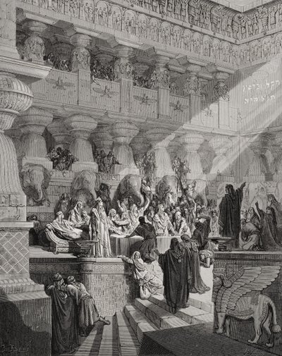 Daniel Interpreteert het Schrift aan de Muur, Daniel 5:25-28, illustratie uit Dore