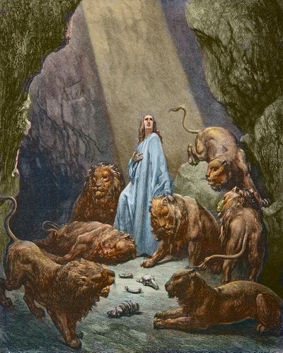 Daniel wordt in de leeuwenkuil gegooid - Daniel in de leeuwenkuil - gravure door Gustave Doré - later ingekleurd door Gustave Dore