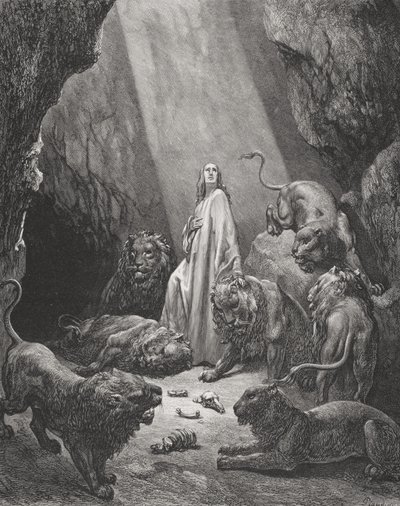 Daniel in de Leeuwenkuil, Daniel 6:16-17, illustratie uit Dore