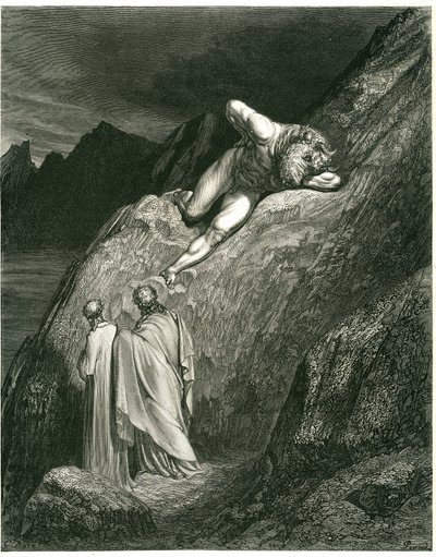 Dante en Vergilius ontmoeten de Minotaurus. Gravure uit De Hel van Dante Alighieri (de Goddelijke Komedie) geïllustreerd door Gustave Doré. Franse editie van 1861. door Gustave Dore
